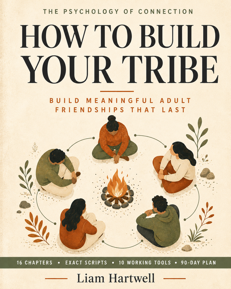 Book cover 'How to Build Your Tribe' by Liam Hartwell with illustrations of people around a campfire.