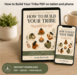 Tablet and smartphone displaying 'How to Build Your Tribe' PDF on a wooden surface with a plant and mug in the background.
